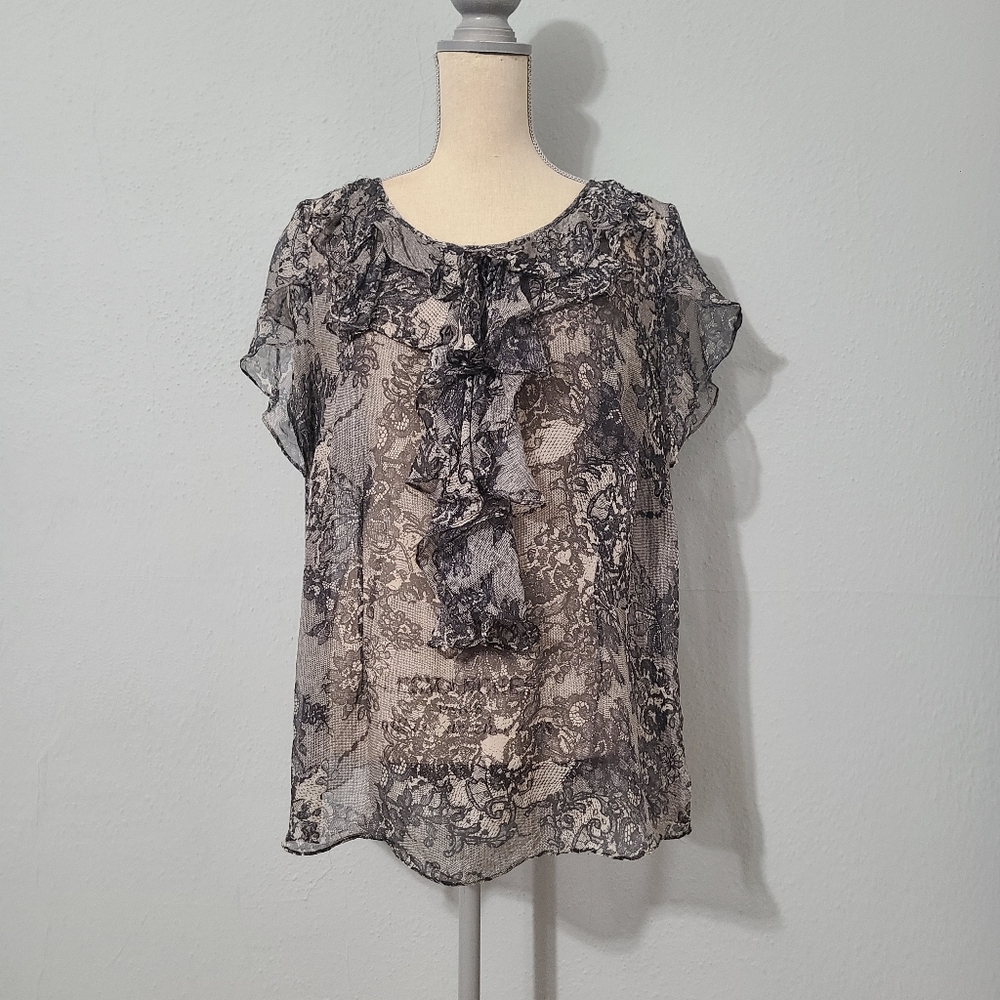 Marina Rinaldi 100% Silk Ruffle Front Short Sleeve‎ Blouse Size 23 = 14